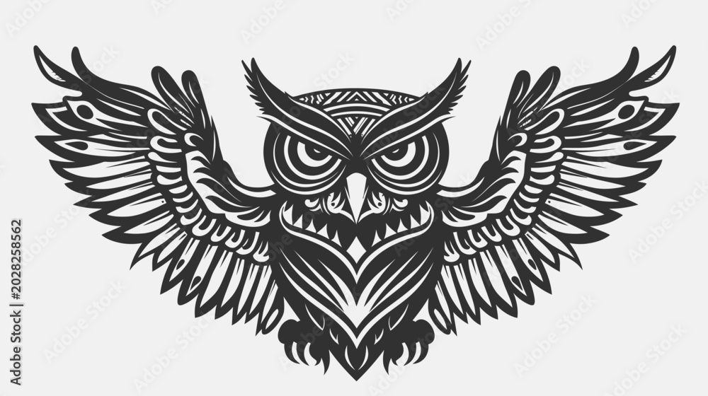 Obraz premium Intricate black and white owl illustration with spread wings on a white background