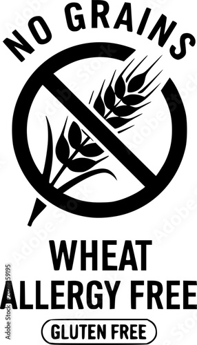 No grains symbol wheat allergy free label logo for food products gluten free icon certification mark.
