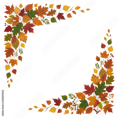 Autumn leaves border frame, colorful fall foliage on white background, nobody