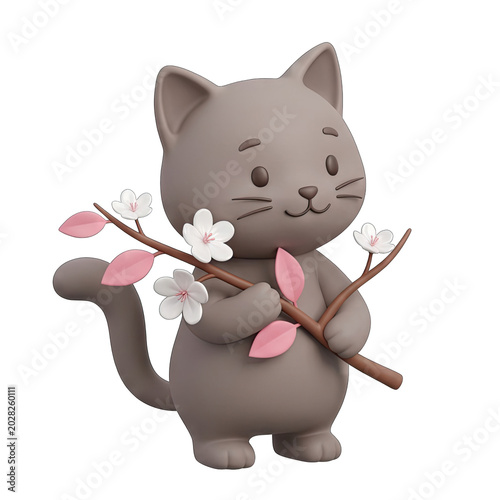 Cute 3D Gray Cat Holding a Cherry Blossom Branch