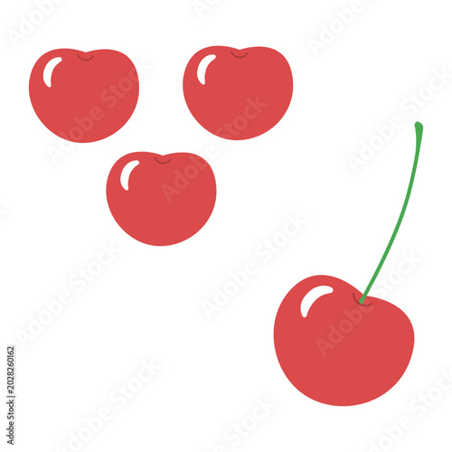 Set of cherry elements, single berries and cherry on stem isolated on white.