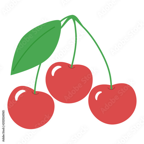 Three red cherries with green leaves on stem, vector flat illustration.