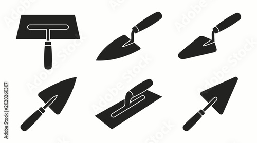 Collection of six black silhouette icons of masonry tools including plastering and pointing trowels showing different shapes and construction design variations