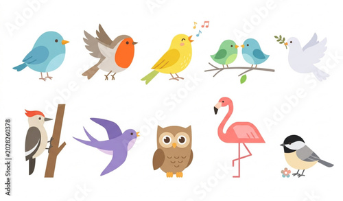 Obraz na plátně Minimal spring birds set cartoon vector illustration isolated white background