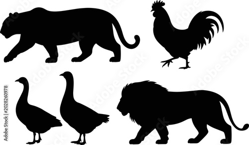 Photography Animal silhouette collection featuring wild mammals and farm birds isolated for
