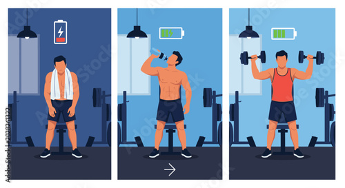 Three stages of fitness showing an exhausted man recovering with water and then successfully lifting heavy dumbbells at the gym.