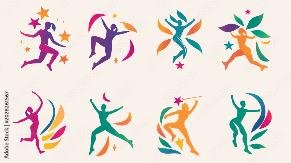 Obraz premium Colorful silhouette figures in dynamic poses with stars and decorative elements