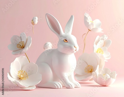 White rabbit with white flowers.