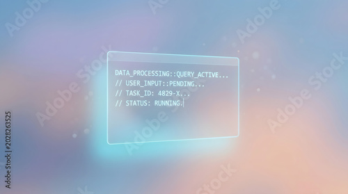 A floating transparent user interface window with glowing text and a digital code. A futuristic neon background for the HUD panel, embodying the concept of AI and technology. AI generated.