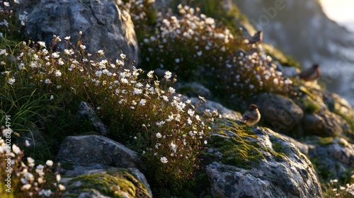 Tiny Birds Among Alpine Flora: Small, delicate birds perch amongst a carpet of soft white alpine wildflowers and moss-covered rocks, illuminated by gentle sunlight.