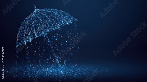 Futuristic umbrella composed of blue glowing particles falling as digital rain on dark background, insurance and cybersecurity concept