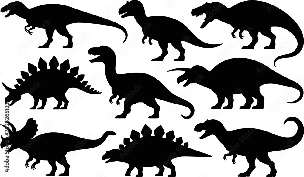 Obraz premium Dinosaur Silhouette Collection with Tyrannosaurus Stegosaurus and Triceratops Shapes for Prehistoric Education and Wildlife Design Projects