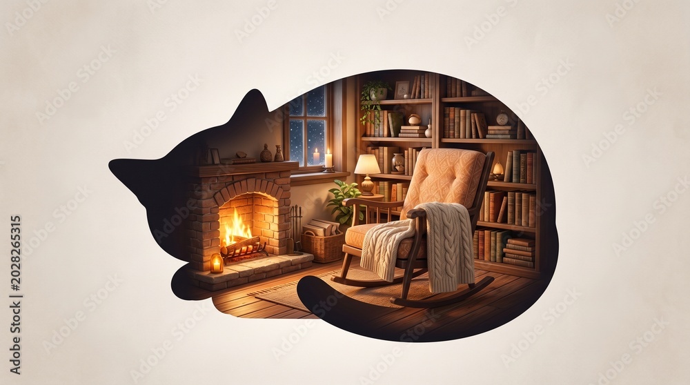 Obraz premium Sleeping cat silhouette revealing a cozy room with a fireplace and bookshelves. Winter home comfort concept