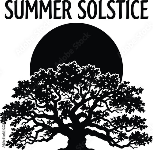 Summer solstice landscape banner with a large tree silhouette in front of a giant rising sun background