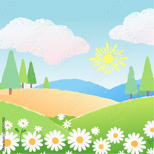 Abstract field, garden, wild chamomile meadow. Summer flower background for placard with pastel colored wax crayons drawings. 