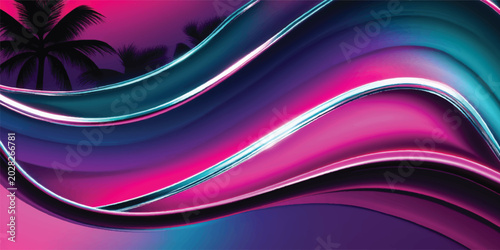Foto Abstract fluid waves with glowing edges and palm tree silhouette a dark silhouet