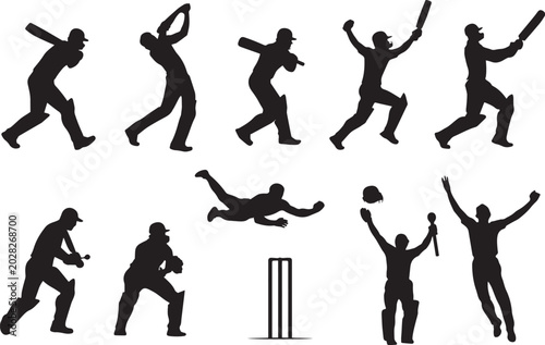 Obraz na płótnie Cricket player silhouettes set, professional cricket athletes in action poses, 1
