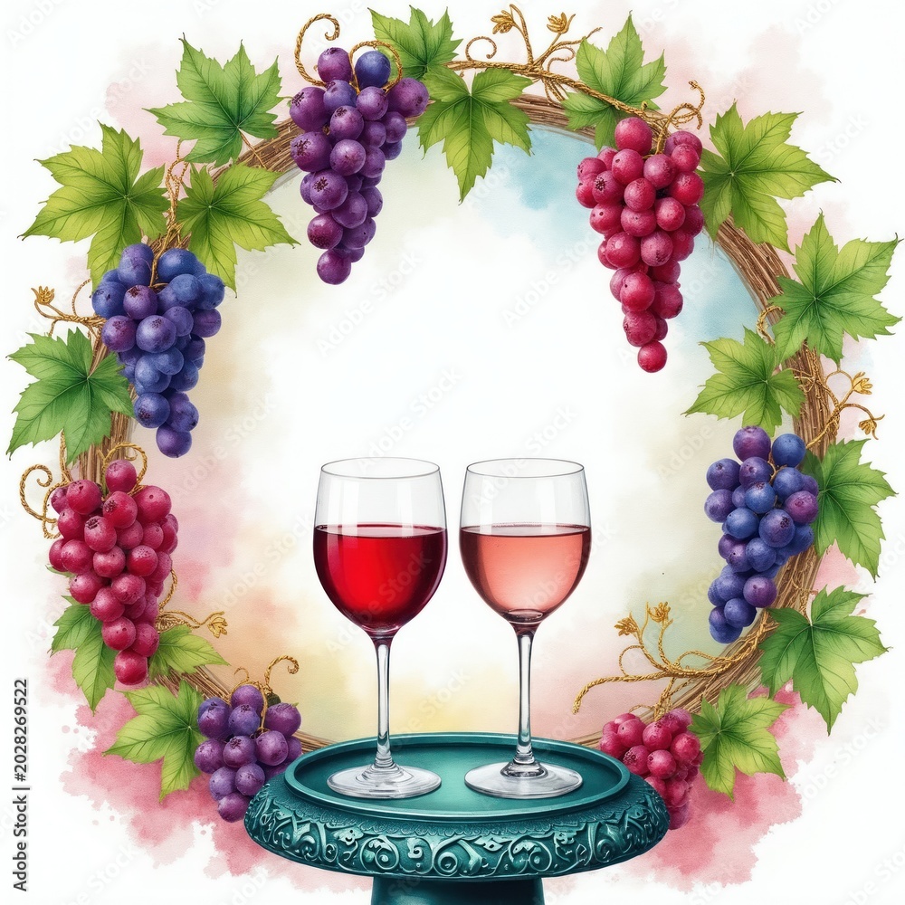 Fototapeta premium Illustration features grapevine wreath with clusters of red, purple grapes. Two wine glasses, one with red wine, with rose, sit on decorative pedestal. Artistic background with soft watercolor