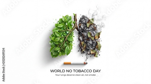 World no tobacco day conceptual art showing healthy green lungs contrasted with diseased burnt lungs symbolizing the devastating effects of smoking on respiratory health with a cigarette