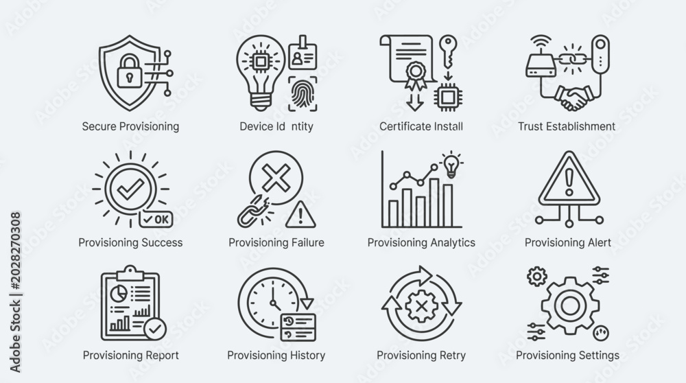 Fototapeta premium Set of line art icons for device provisioning and security management.
