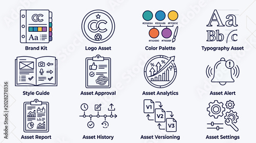 Set of line art icons representing brand asset management and design workflow.