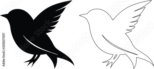 Cuadro en lienzo Black bird silhouette and white outline flying on white background, animal wings