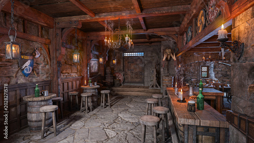 Medieval tavern bar interior with stone floor and wooden furniture. 3D rendered illustration.