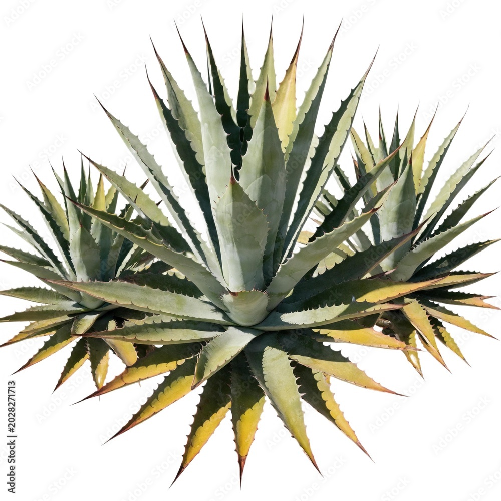 Fototapeta premium A high-resolution studio shot of a cluster of blue agave plants (Agave tequilana) displaying a dense rosette arrangement of rigid, s