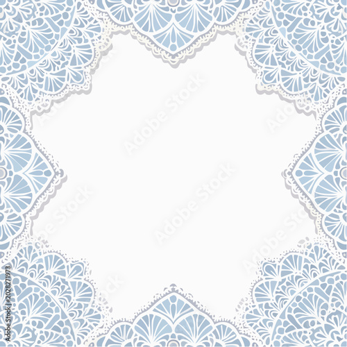 Isolated white whimsical frame doilies decorated with lace floral ornament. Horizontal shape border with vintage victorian elegance. Crochet, whimsy element for scrapbooking, wedding invitation cards.