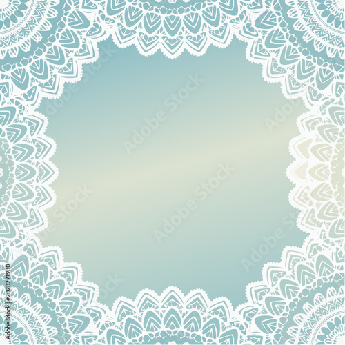 Isolated white whimsical frame doilies decorated with lace floral ornament. Horizontal shape border with vintage victorian elegance. Crochet, whimsy element for scrapbooking, wedding invitation cards.