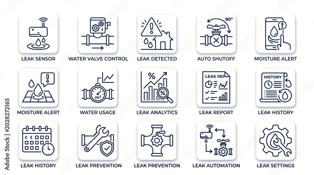 Obraz premium Set of Smart Water Leak Detection and Home Automation Line Icons.