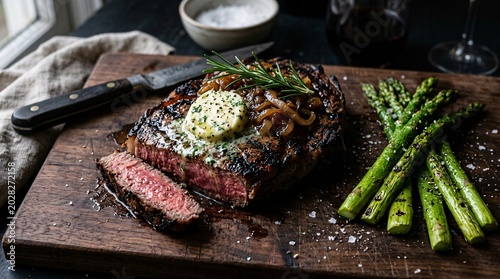Grilled medium-rare ribeye steak showcasing dark char marks is topped with melting garlic herb butter and served alongside green asparagus.