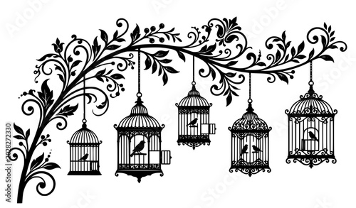 Photography Decorative birdcage silhouette vector with birds hanging on branch