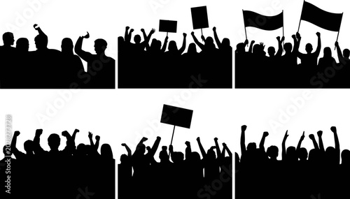 Quadro su tela Protest Crowd Silhouette Collection with Raised Fists Flags and Demonstration Si