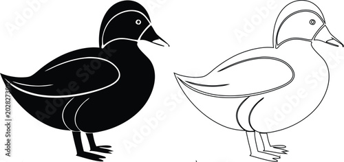 Obraz na plátně Black silhouette and white outline of a plump duckling standing on its feet keyw