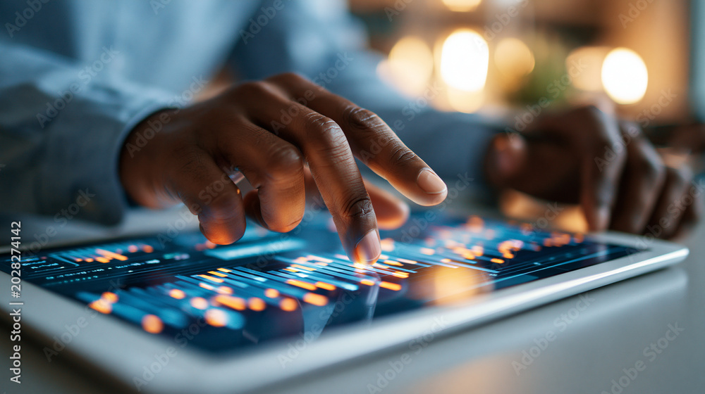 Fototapeta premium A close up of hands engages with a bright sleek tablet displaying glowing softly defocused data analytics in calm daylight tablet analytics faceless detail softly