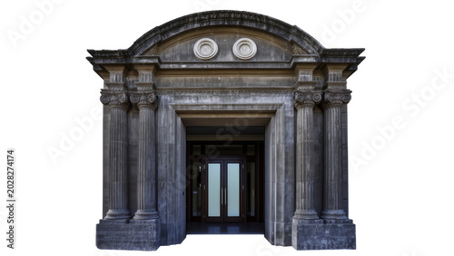 Konstfotografi Classical stone building entrance with columns and arched pediment