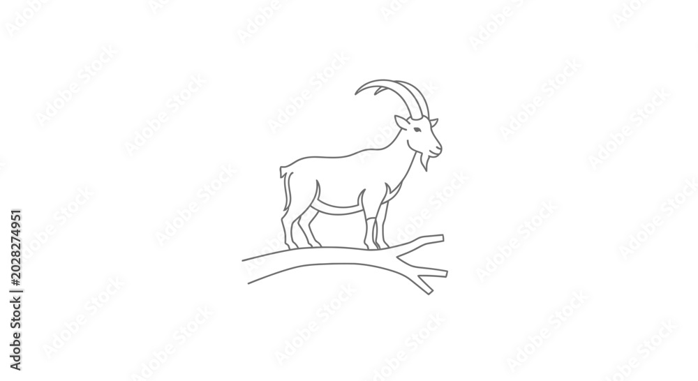 Fototapeta premium Ibex Goat Standing on Tree Branch Line Art Vector Illustration