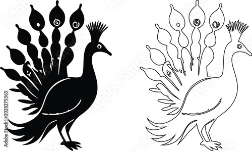 Black silhouette and outline of a peacock with fanned tail on white background bird