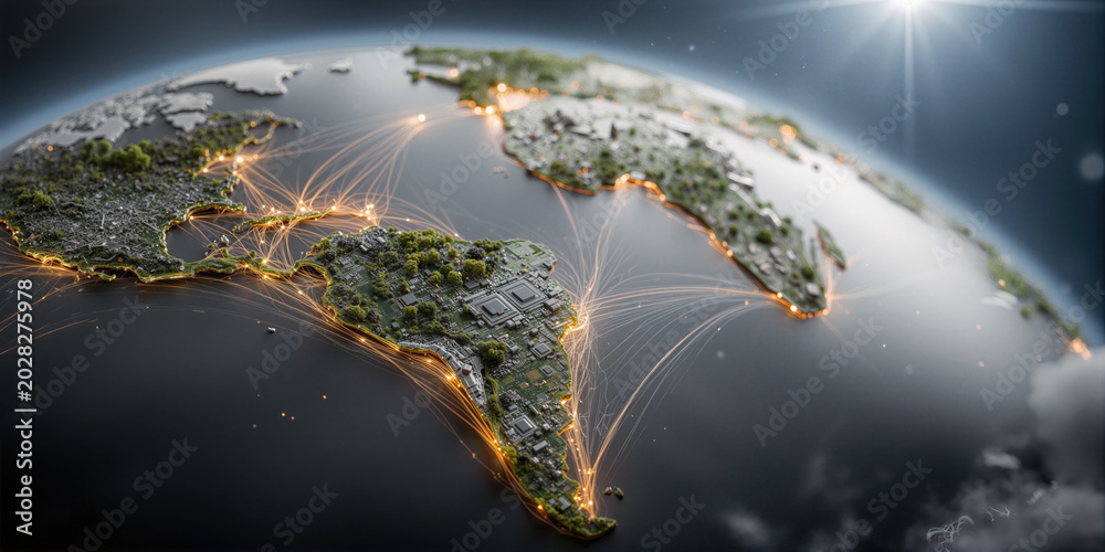 Fototapeta premium Radiant network connects Americas via fiber routes and city hubs for data visualization
