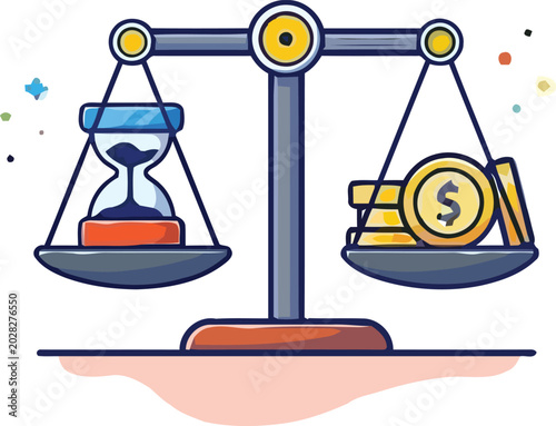 Flat design scale with an hourglass and dollar coins balancing time and wealth concept
