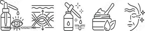 Dermatology and anti aging skincare line icon set with serum bottle and skin layer vector