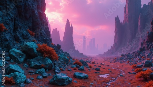 Fantasy desert landscape with rocky formations, orange brush and distant city skyline under purple sky. A surreal alien planet or post-apocalyptic scene.