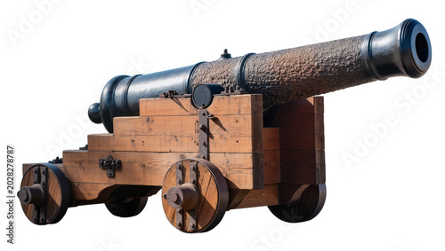 Obraz na plátně Antique wooden cannon on wheels with metal accents