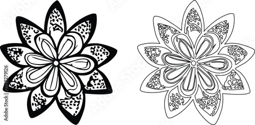 Foto Two stylized eight-pointed star-shaped floral motifs one filled black and one ou