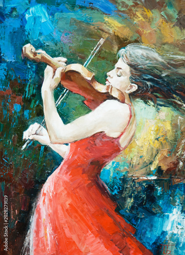 Fine art oil on canvas illustration of a female violinist with blowing hair performing music, passionate woman playing string instrument.