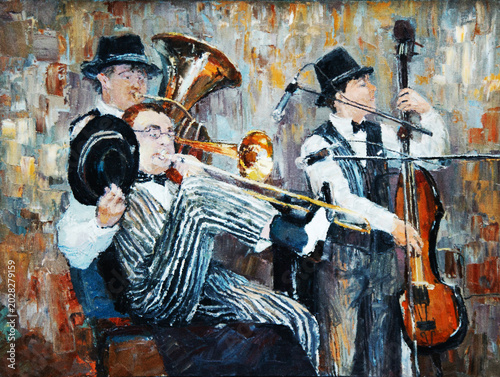 Foto Fine art oil on canvas illustration of a dynamic street jazz group, vintage musicians playing brass instruments and contrabass, cabaret or show concept