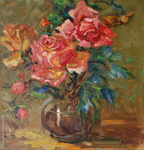 Photography Impressionist oil painting of a vintage still life with pink and yellow roses in a small glass vase, expressive brush strokes texture