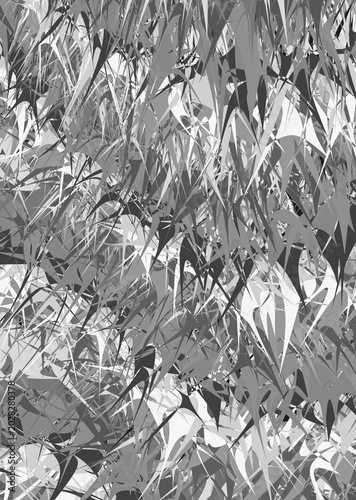 A black and white composition of chaotic abstract elements.