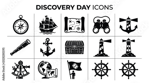 Obraz na płótnie Set of discovery day icons featuring navigation and exploration symbols on white